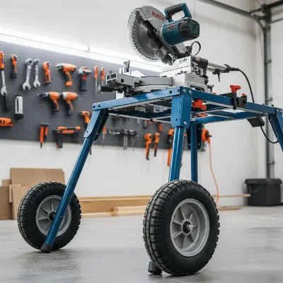 A close-up shot of a Bosch T4B Gravity-Rise miter saw stand with a large miter saw mounted, showcasing the pneumatic wheels and sturdy frame in a workshop setting.