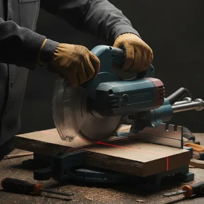 User precisely aligning a cordless miter saw cut with a laser guide on a piece of wood