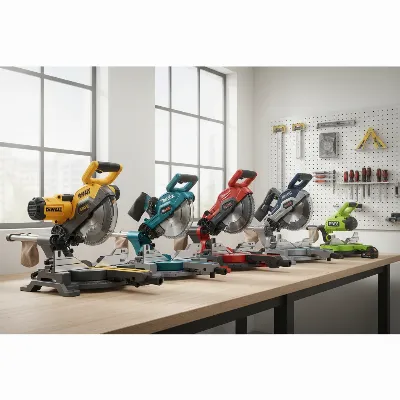 Various cordless miter saws lined up in a modern, well-lit workshop setting