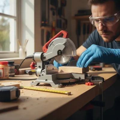 Crafter using a mini miter saw for precision cutting