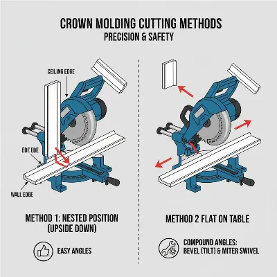 A graphic illustrating both nested and flat cutting methods for crown molding with a miter saw.