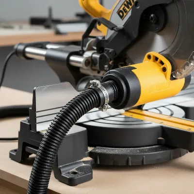 Close-up of a DeWalt miter saw's dust collection port with a shop vacuum hose attached