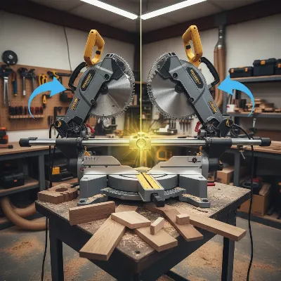 Dual bevel miter saw blade tilting in both directions for versatile cuts