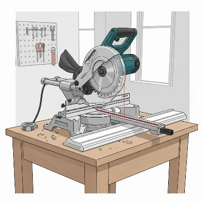 Makita LS1019L 10-inch dual-bevel sliding compound miter saw with laser guide in a compact workshop.