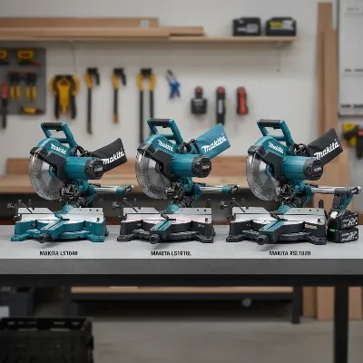 Various Makita 10-inch miter saw models showcasing their design and features