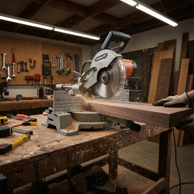 Metabo HPT 10-inch miter saw making a precise crosscut on a wooden board.