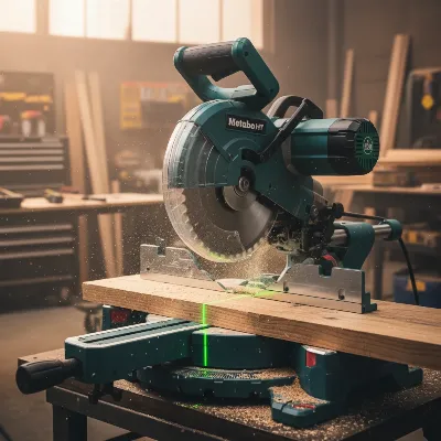 Metabo HPT C12RSH3 12-inch dual-bevel sliding compound miter saw with laser guide cutting timber.