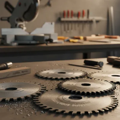 Assortment of metal-cutting miter saw blades for different metal types with varying tooth counts and carbide tips.