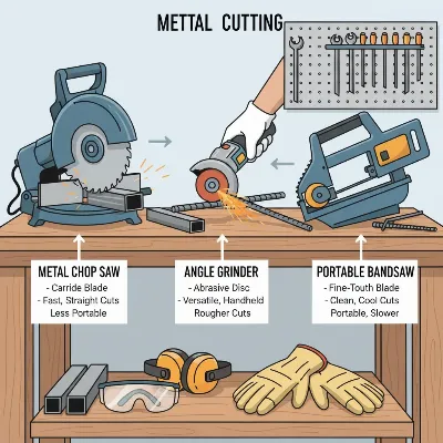 Various metal cutting tools including a chop saw, angle grinder, and portable bandsaw.