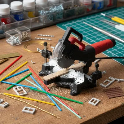Mini miter saw on a small workbench with various craft materials