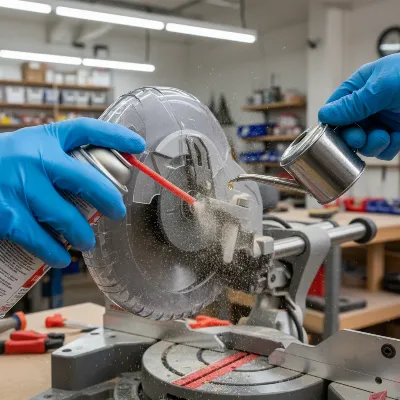 A close-up of a miter saw blade guard being cleaned and lubricated by a hand with safety gloves, showing compressed air blowing dust and a drop of oil applied to a pivot point.