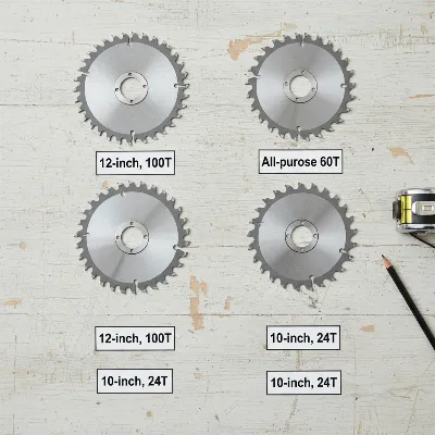 Various miter saw blades with different tooth counts and diameters displayed on a clean wooden surface, illustrating choices for DIY projects.