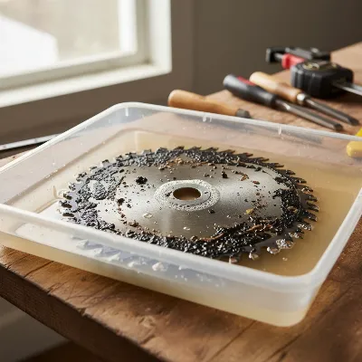 Miter saw blade soaking in a plastic tray with cleaning solution, ready for scrubbing