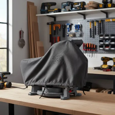 A miter saw neatly stored under a protective cover in a clean workshop, indicating proper long-term care.