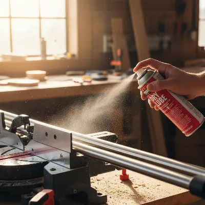 Detailed close-up of a miter saw's sliding rails being lubricated with a dry spray lubricant in a workshop setting.