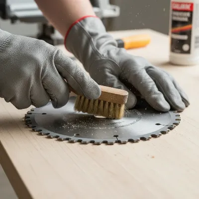 Close-up of a person carefully cleaning a miter saw blade with a brush, emphasizing tool care.