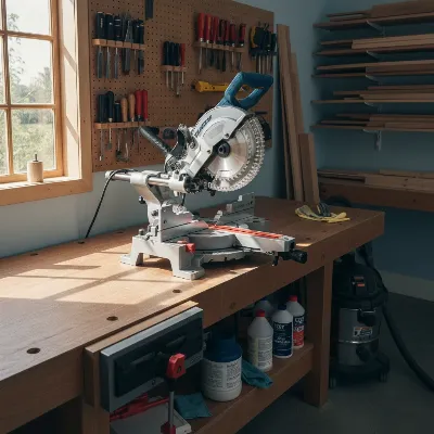 A well-maintained miter saw in a clean workshop setting, emphasizing tool care.