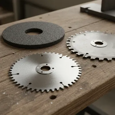 Various miter saw blades, including carbide-tipped and abrasive cut-off wheels, on a workbench.