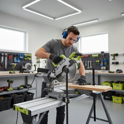 A person wearing safety glasses and ear protection operating a Ryobi 18V ONE+ Cordless Miter Saw, demonstrating proper safety posture and workpiece clamping in a bright, clean workshop environment.