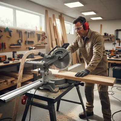 Carpenter safely using a heavy-duty miter saw to cut framing lumber, wearing safety glasses and hearing protection.