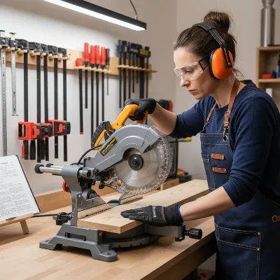 A woodworker wearing safety gear, demonstrating safe use of a sliding miter saw in a well-organized workshop.