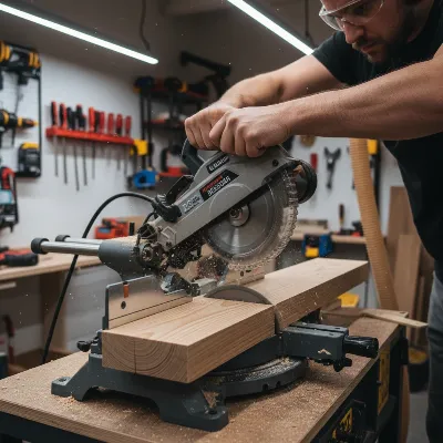 A person performing a test cut on scrap wood with a miter saw to check for straightness.