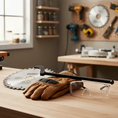 Essential tools and safety gear for safely changing a miter saw blade at home, including gloves, safety glasses, a wrench, and a new blade on a workbench.