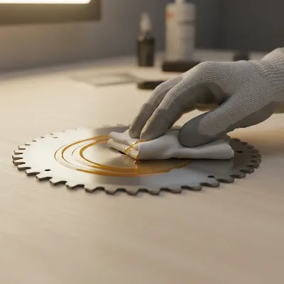 Hand applying rust-preventative oil to a clean miter saw blade before storage.