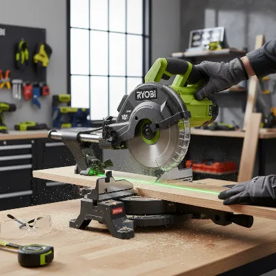 A close-up shot of a Ryobi 18V ONE+ Cordless Miter Saw making a precise cut on a wooden plank with an LED shadow line, showcasing accuracy in a workshop setting with safety glasses and sawdust visible.