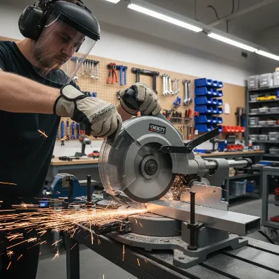 DIYer with PPE cutting aluminum tubing with a miter saw.