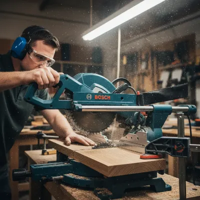 Worker safely operating a miter saw with protective gear