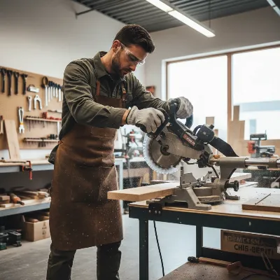 Worker safely operating a miter saw with safety glasses