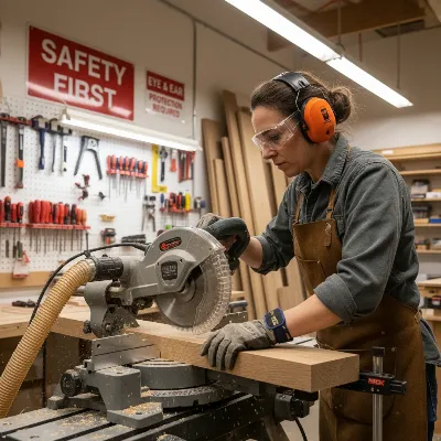 A person safely operating a miter saw with appropriate PPE and a clean setup