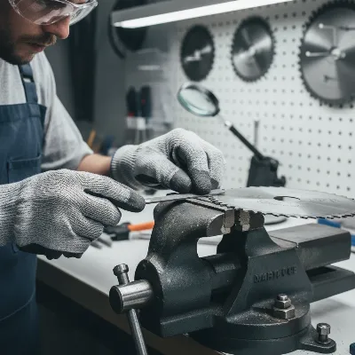 Person safely sharpening a miter saw blade tooth by hand with a diamond file