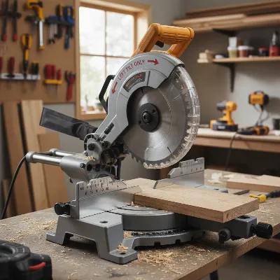 Single bevel miter saw blade tilting to one side for angled cuts