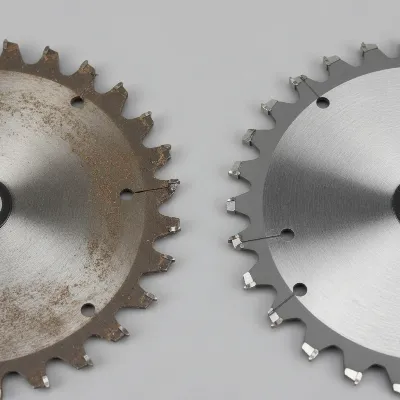 A worn miter saw blade with chipped carbide teeth next to a new, shiny miter saw blade, emphasizing replacement needs